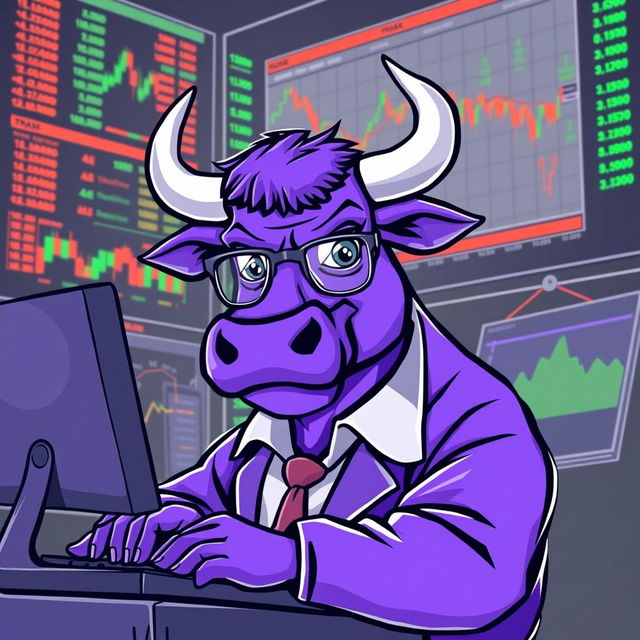 A purple bull character acting as a market trader, intently monitoring a computer screen filled with trading graphs and stock metrics