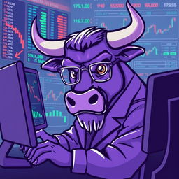 A purple bull character acting as a market trader, intently monitoring a computer screen filled with trading graphs and stock metrics