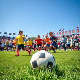 A vibrant and dynamic scene depicting a student football tournament, featuring diverse groups of enthusiastic young athletes in colorful uniforms, energetically playing on a lush green field under a clear blue sky