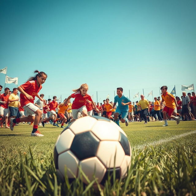 A vibrant and dynamic scene depicting a student football tournament, featuring diverse groups of enthusiastic young athletes in colorful uniforms, energetically playing on a lush green field under a clear blue sky