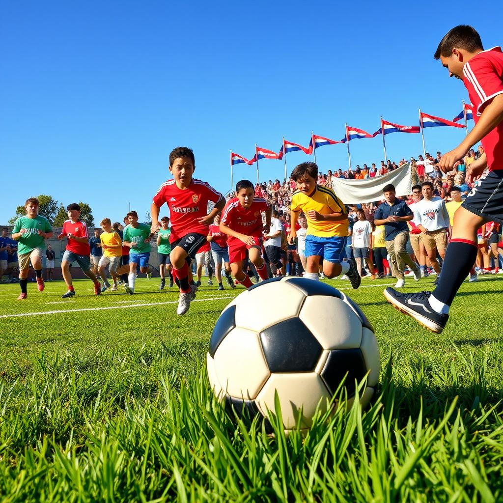 A vibrant and dynamic scene depicting a student football tournament, featuring diverse groups of enthusiastic young athletes in colorful uniforms, energetically playing on a lush green field under a clear blue sky