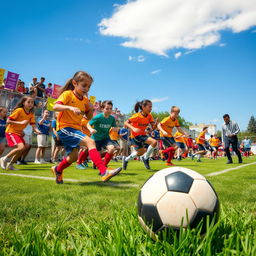 A vibrant and dynamic scene depicting a student football tournament, featuring diverse groups of enthusiastic young athletes in colorful uniforms, energetically playing on a lush green field under a clear blue sky