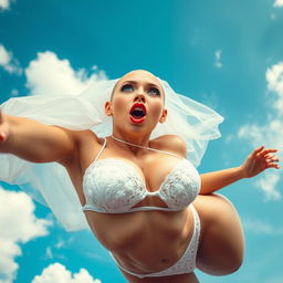 A beautiful, sexy bald woman wearing a wedding bikini and a bridal veil, her stunning blue eyes wide open in a scared expression as she falls from the sky, with delicate red lips accentuating her features