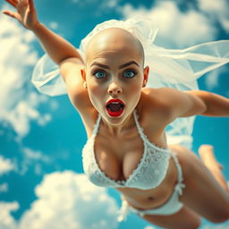 A beautiful, sexy bald woman wearing a wedding bikini and a bridal veil, her stunning blue eyes wide open in a scared expression as she falls from the sky, with delicate red lips accentuating her features