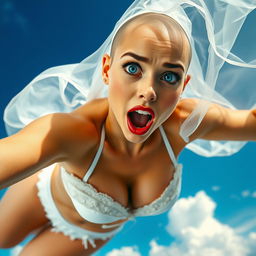 A beautiful, sexy bald woman wearing a wedding bikini and a bridal veil, her stunning blue eyes wide open in a scared expression as she falls from the sky, with delicate red lips accentuating her features