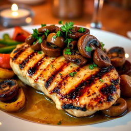 A beautifully arranged dish of grilled chicken breast steak topped with sautéed mushrooms, garnished with fresh herbs