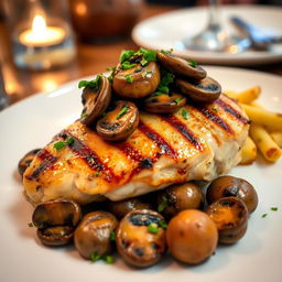A beautifully arranged dish of grilled chicken breast steak topped with sautéed mushrooms, garnished with fresh herbs