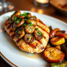 A beautifully arranged dish of grilled chicken breast steak topped with sautéed mushrooms, garnished with fresh herbs