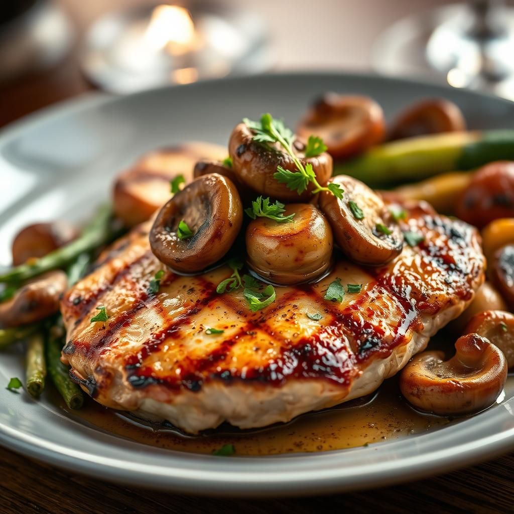 A beautifully arranged dish of grilled chicken breast steak topped with sautéed mushrooms, garnished with fresh herbs