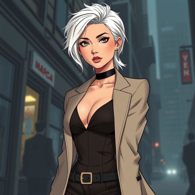 A stunning woman of Korean descent with cold piercing eyes and striking white hair, portrayed in a Webtoon style