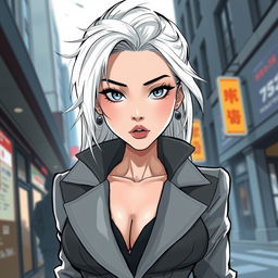 A stunning woman of Korean descent with cold piercing eyes and striking white hair, portrayed in a Webtoon style