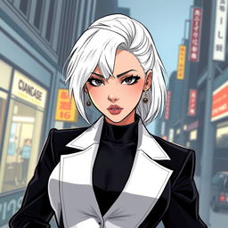 A stunning woman of Korean descent with cold piercing eyes and striking white hair, portrayed in a Webtoon style