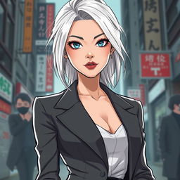 A stunning woman of Korean descent with cold piercing eyes and striking white hair, portrayed in a Webtoon style