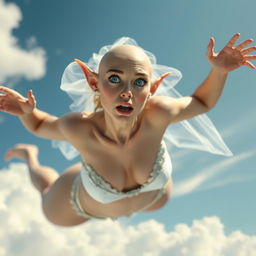 An alluring bald elf woman dressed in a wedding bikini, adorned with a delicate bridal veil