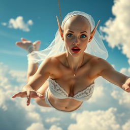 An alluring bald elf woman dressed in a wedding bikini, adorned with a delicate bridal veil