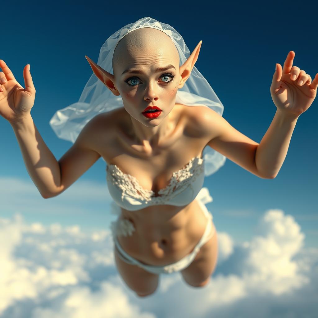 An alluring bald elf woman dressed in a wedding bikini, adorned with a delicate bridal veil