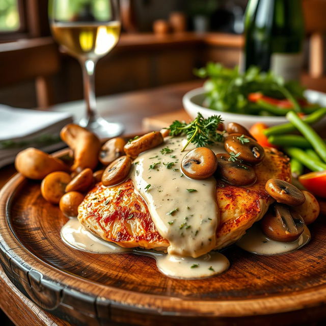 A beautifully plated chicken breast steak with sautéed mushrooms and a creamy sauce, garnished with fresh herbs on top