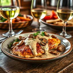 A beautifully plated chicken breast steak with sautéed mushrooms and a creamy sauce, garnished with fresh herbs on top