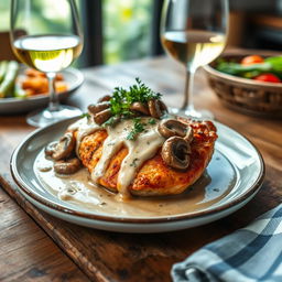 A beautifully plated chicken breast steak with sautéed mushrooms and a creamy sauce, garnished with fresh herbs on top