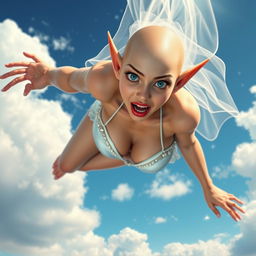 A sexy bald elf woman wearing a wedding bikini and bridal veil, with striking blue eyes and red lips, falling gracefully from the sky