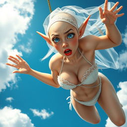 A sexy bald elf woman wearing a wedding bikini and bridal veil, with striking blue eyes and red lips, falling gracefully from the sky