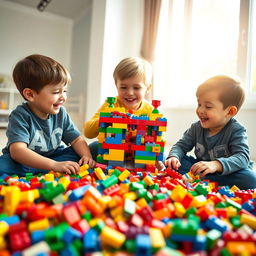 A creative and imaginative scene of three children joyfully building a colorful LEGO structure together, surrounded by vibrant LEGO bricks
