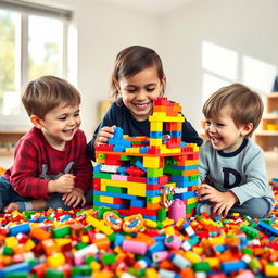 A creative and imaginative scene of three children joyfully building a colorful LEGO structure together, surrounded by vibrant LEGO bricks