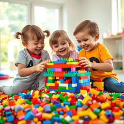 A creative and imaginative scene of three children joyfully building a colorful LEGO structure together, surrounded by vibrant LEGO bricks