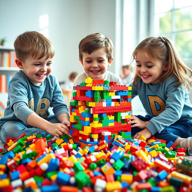 A creative and imaginative scene of three children joyfully building a colorful LEGO structure together, surrounded by vibrant LEGO bricks