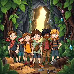 A vibrant illustration inspired by 'The Goonies', showcasing a group of adventurous kids on a treasure hunt