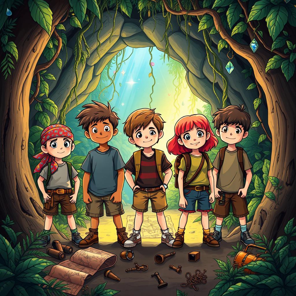 A vibrant illustration inspired by 'The Goonies', showcasing a group of adventurous kids on a treasure hunt