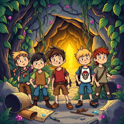 A vibrant illustration inspired by 'The Goonies', showcasing a group of adventurous kids on a treasure hunt