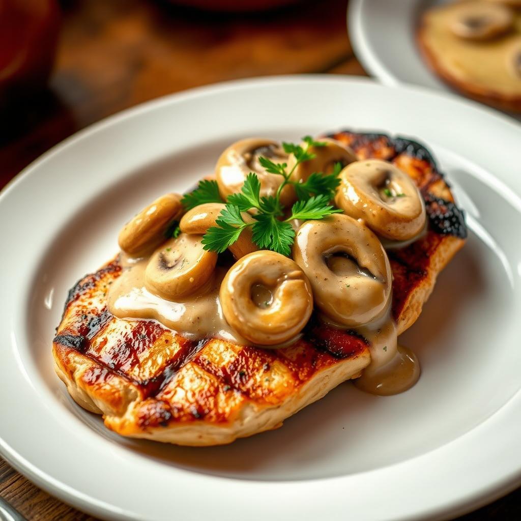 A delicious plate of chicken breast steak topped with sautéed mushrooms and a creamy sauce, placed elegantly on a white ceramic dish