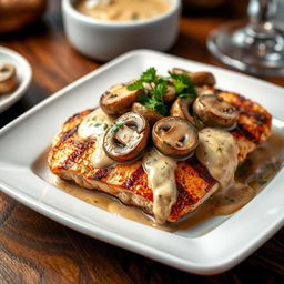 A delicious plate of chicken breast steak topped with sautéed mushrooms and a creamy sauce, placed elegantly on a white ceramic dish
