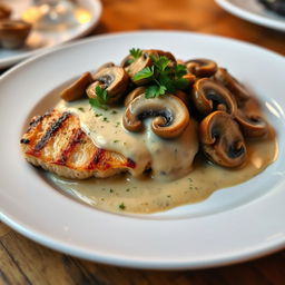A delicious plate of chicken breast steak topped with sautéed mushrooms and a creamy sauce, placed elegantly on a white ceramic dish
