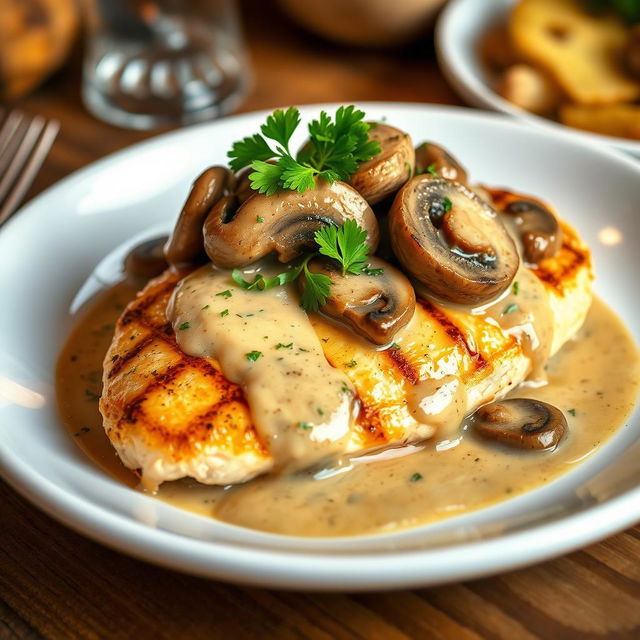 A delicious plate of chicken breast steak topped with sautéed mushrooms and a creamy sauce, placed elegantly on a white ceramic dish