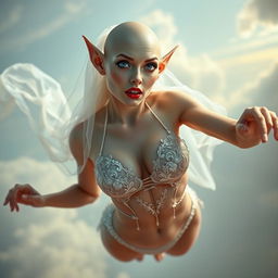 A sexy bald elf woman in a shimmering wedding bikini, adorned with delicate lace details and a flowing bridal veil, is gracefully falling from the sky