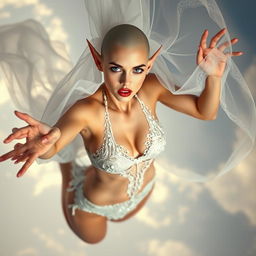 A sexy bald elf woman in a shimmering wedding bikini, adorned with delicate lace details and a flowing bridal veil, is gracefully falling from the sky