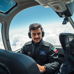 An Iranian pilot in a sleek modern cockpit, focusing intently on the controls
