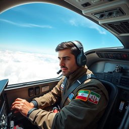 An Iranian pilot in a sleek modern cockpit, focusing intently on the controls