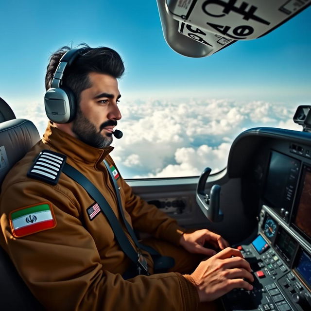 An Iranian pilot in a sleek modern cockpit, focusing intently on the controls