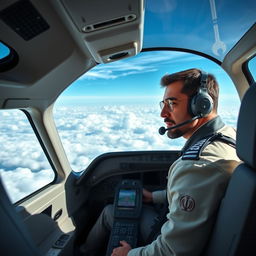 An Iranian pilot in a sleek modern cockpit, focusing intently on the controls