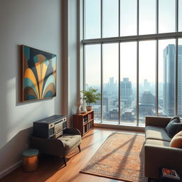 A modern living room inside an apartment situated in a big city during the afternoon