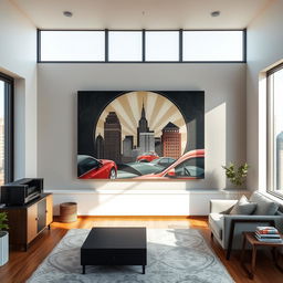 A modern living room inside an apartment situated in a big city during the afternoon