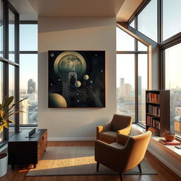 A modern living room inside an apartment situated in a big city during the afternoon