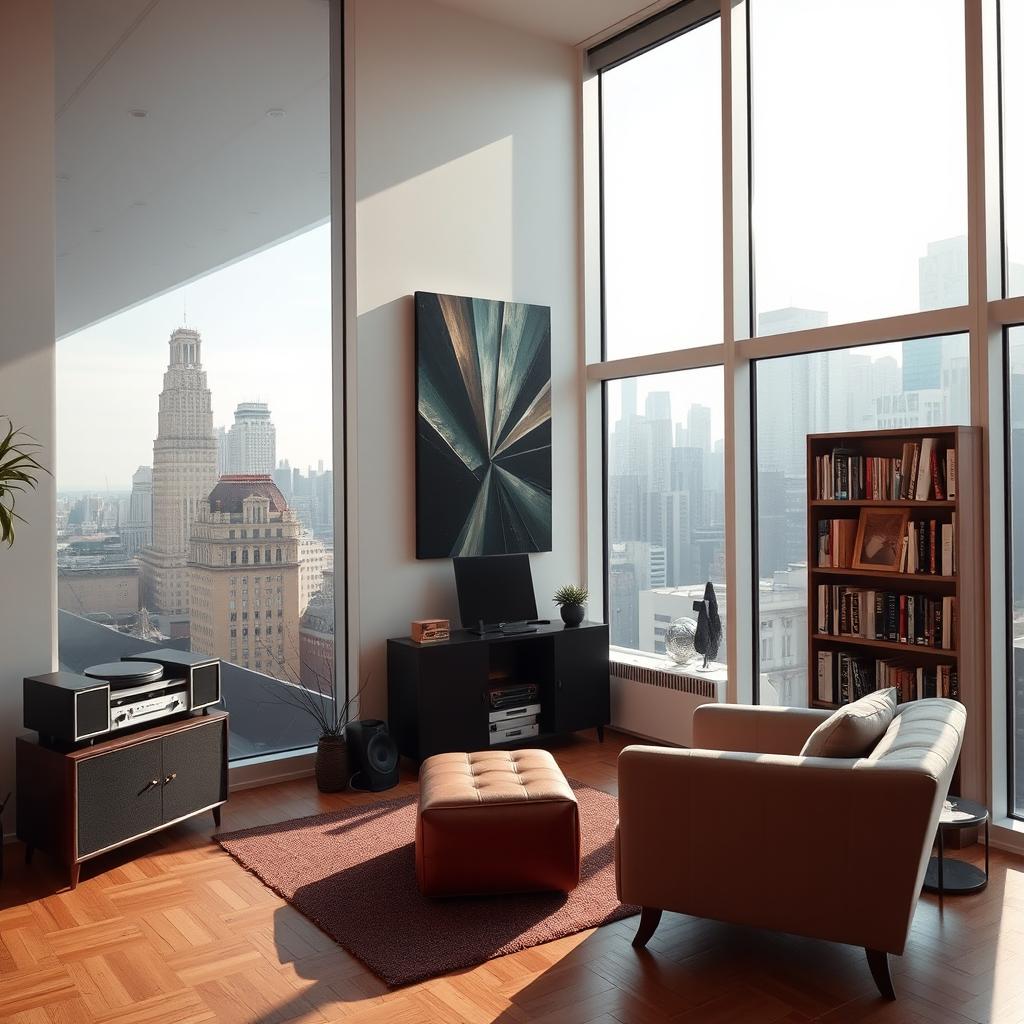 A modern living room inside an apartment situated in a big city during the afternoon