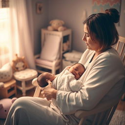 A nurturing mother gently rocking her baby to sleep in a cozy, softly lit room