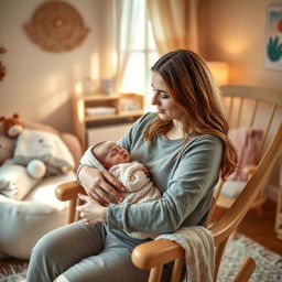 A nurturing mother gently rocking her baby to sleep in a cozy, softly lit room