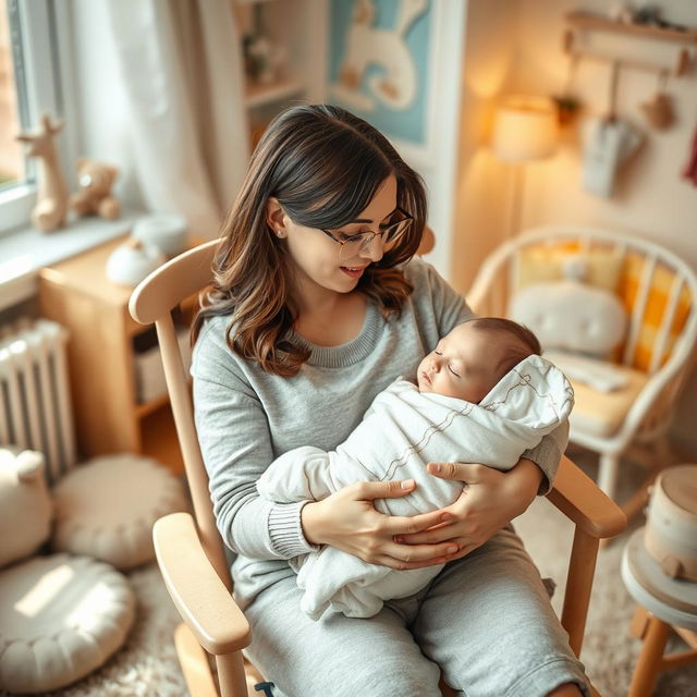 A nurturing mother gently rocking her baby to sleep in a cozy, softly lit room