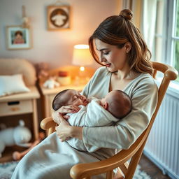 A nurturing mother gently rocking her baby to sleep in a cozy, softly lit room